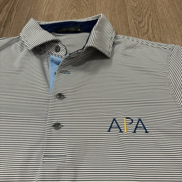 Greyson Golf Performance Polo Blue/White Stripe Men’s Medium Embroidered - Picture 2 of 4